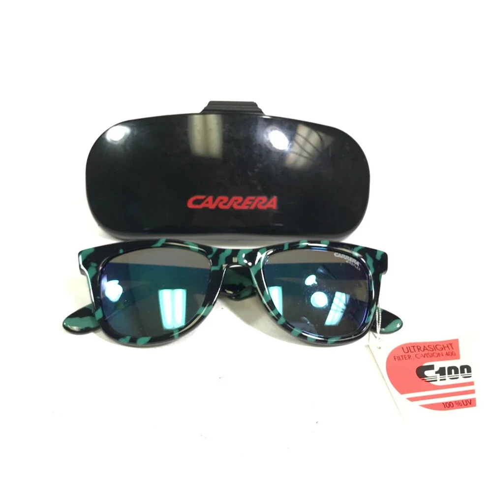 Vintage Carrera Sunglasses 5447 95 Black Green Tiger Striped Frames Blue Mirror